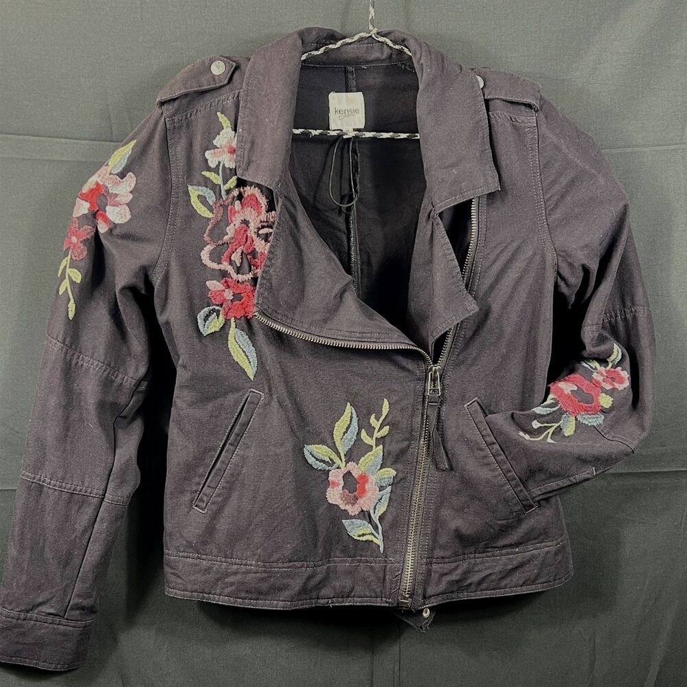 Kensie Embroidered Jacket Small Black Floral Moto